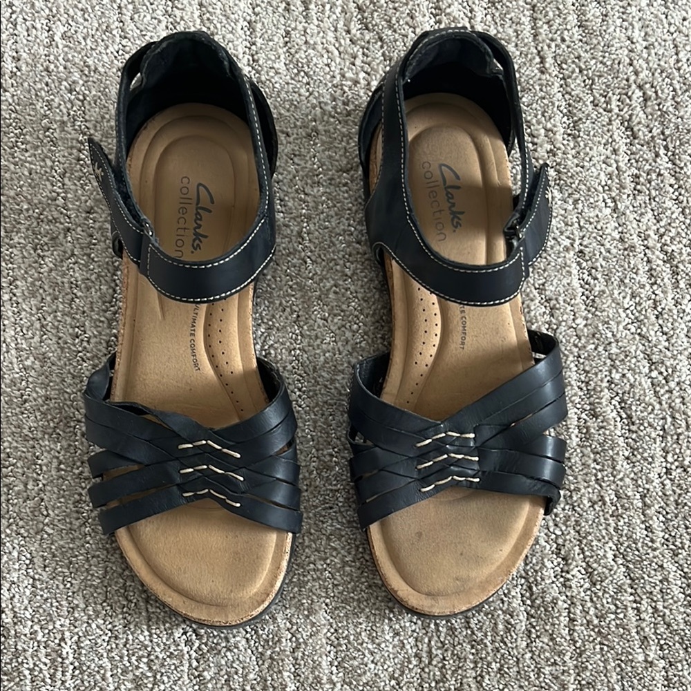 Clarks Black and Tan Sandals with Ankle Strap and Woven Design